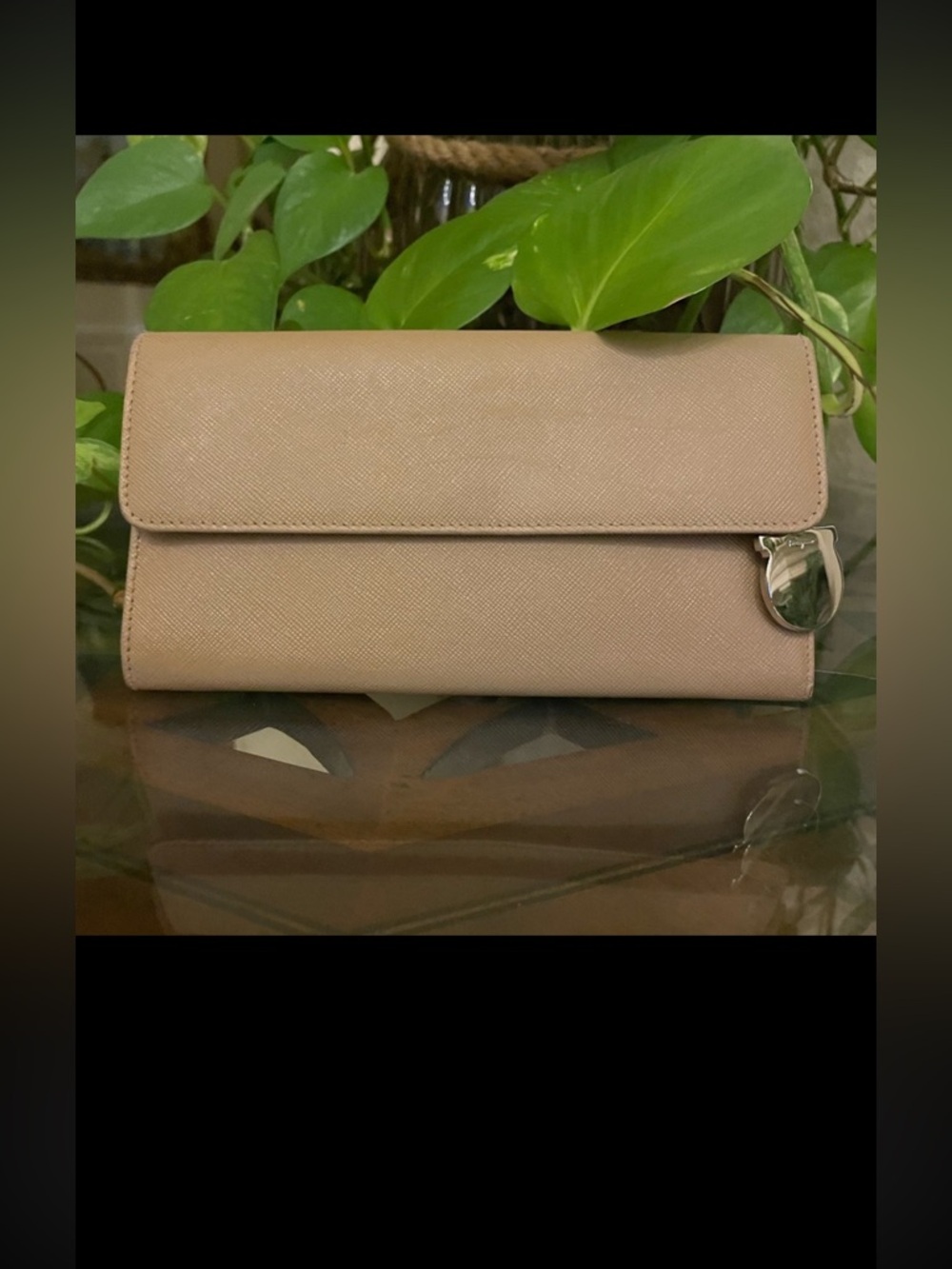 Ferragamo tan long wallet vintage with mirror charm